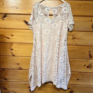 Signature by Robbie Bee Ivory Short Sleeve Lace Shark-bite Hem A-line Dress 1X